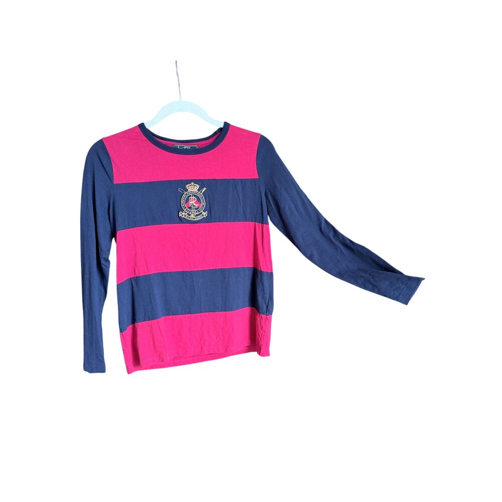 Vintage Lauren Ralph Lauren petite blue red block stripe embroidered crest top M